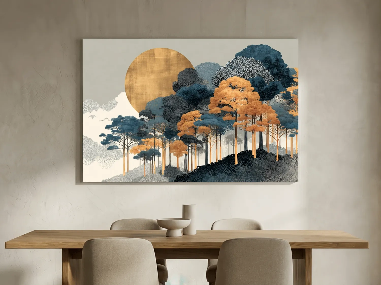 Modern Chic Golden Sun Over Autumn Forest - Elegant Boho Landscape Wall Art
