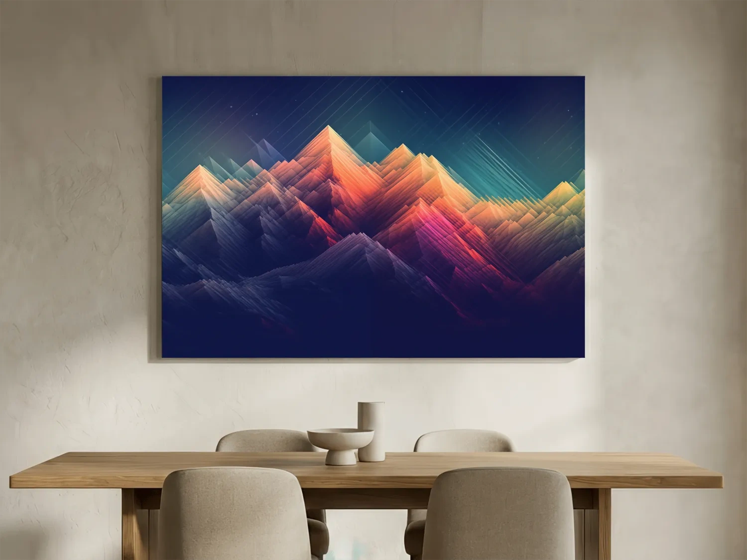 Vibrant Geometric Neon Mountain Peaks - Abstract Alpine Wall Art