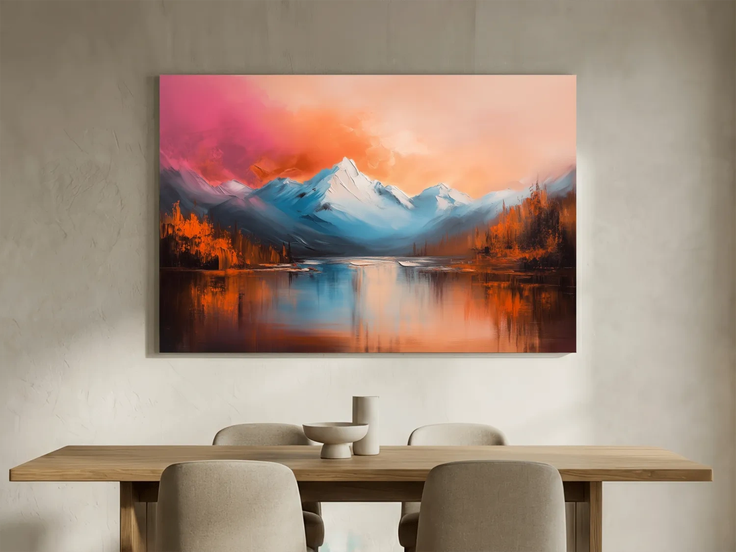 Sunset Mountain Lake Painting - Serene Abstract Landscape Wall Art Print