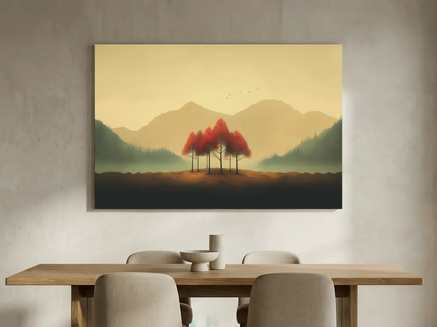 Minimalist Autumn Tree Grove Landscape - Misty Mountain Forest Wall Art