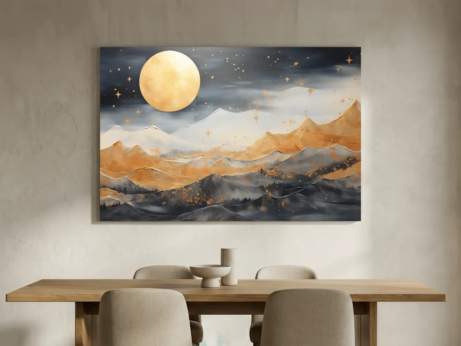 Golden Moonlit Abstract Mountain Landscape - Modern Metallic Watercolor Wall Art