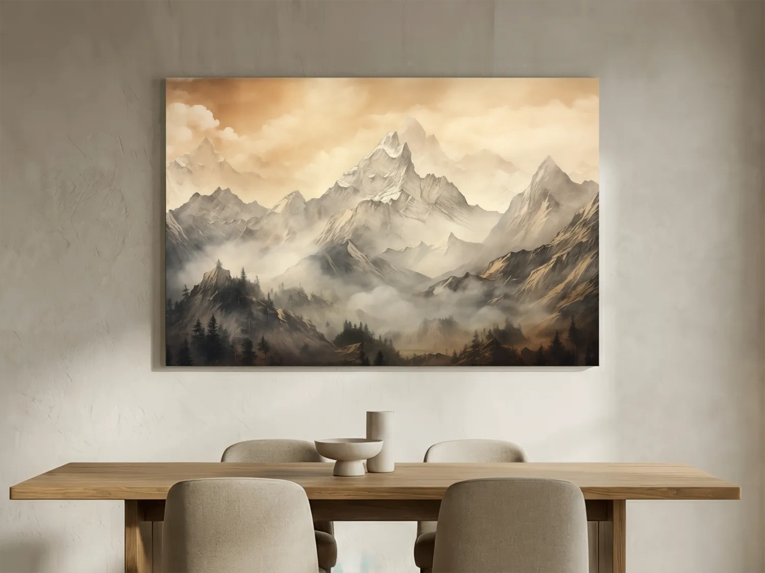 Moody Sepia Misty Mountain Peaks - Atmospheric Alpine Landscape Painting Wall Art