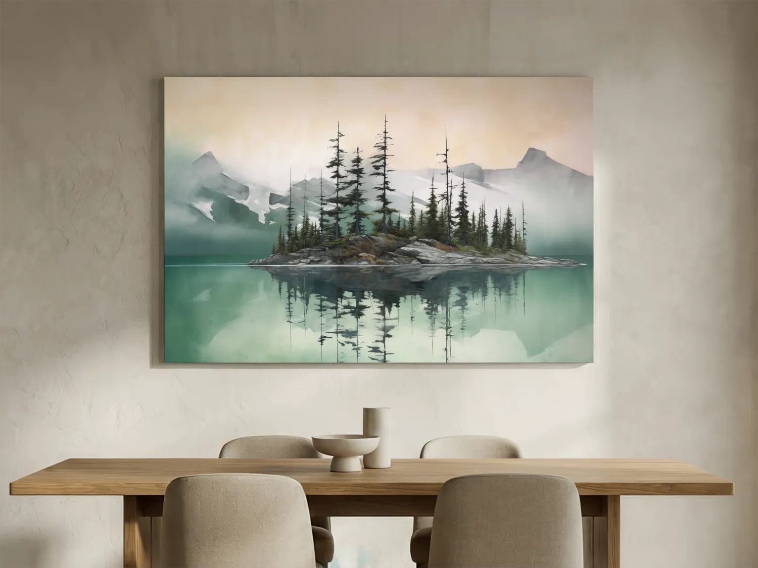 Misty Turquoise Alpine Lake Reflection - Serene Watercolor Mountain Landscape Wall Art