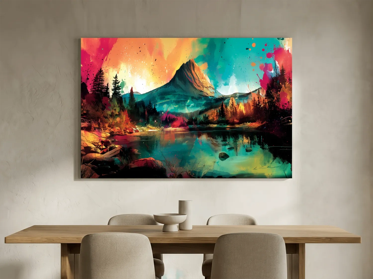 Vibrant Abstract Alpine Mountain Sunrise - Colorful Watercolor Style Artwork