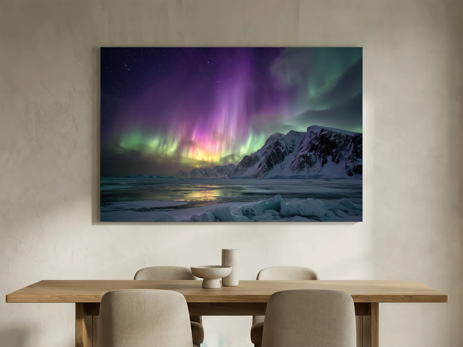 Vibrant Northern Lights Over Snowy Mountains - Aurora Borealis Photographic Night Sky Wall Art