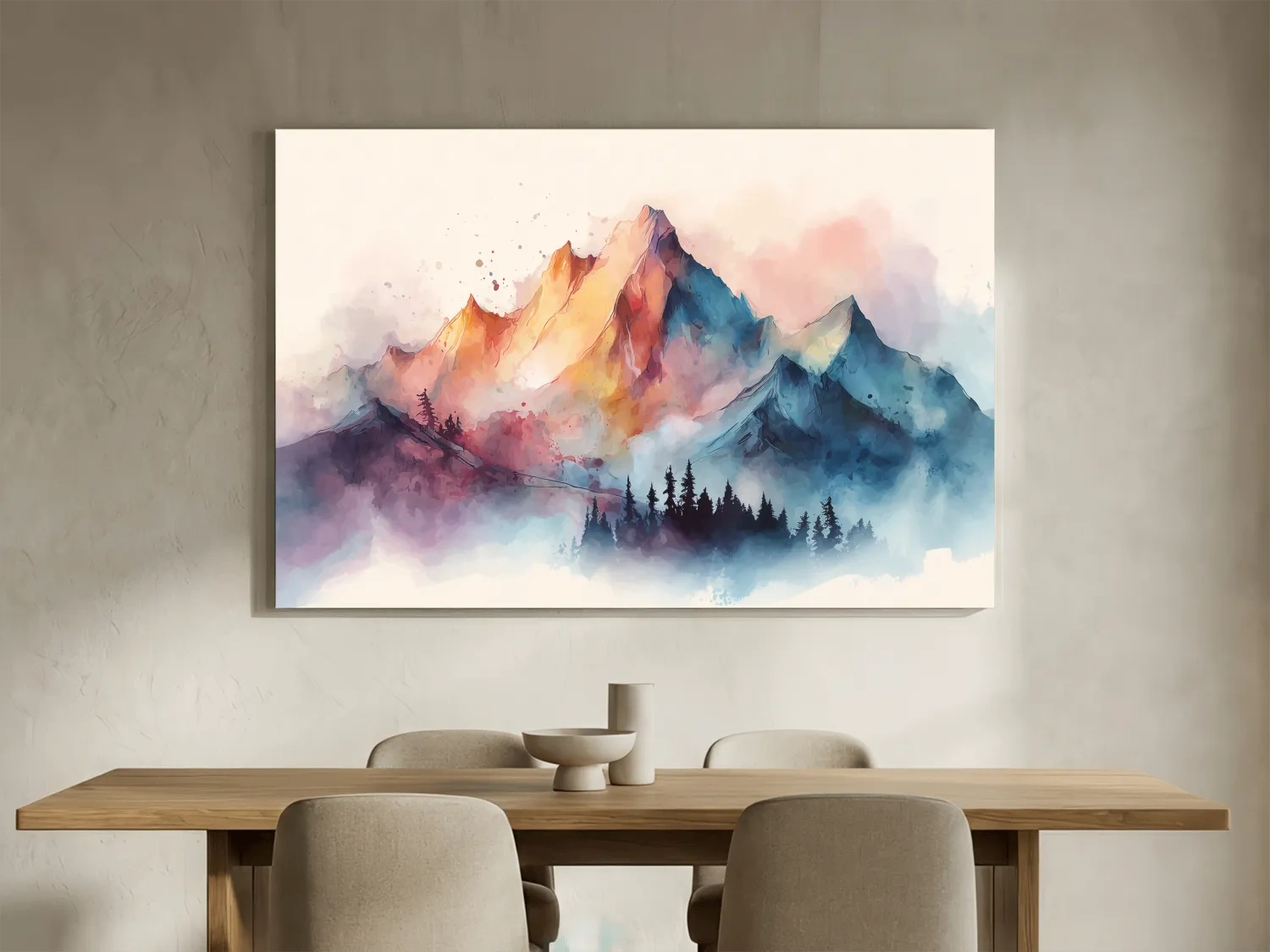Vibrant Watercolor Mountain Peaks - Colorful Misty Alpine Forest Wall Art