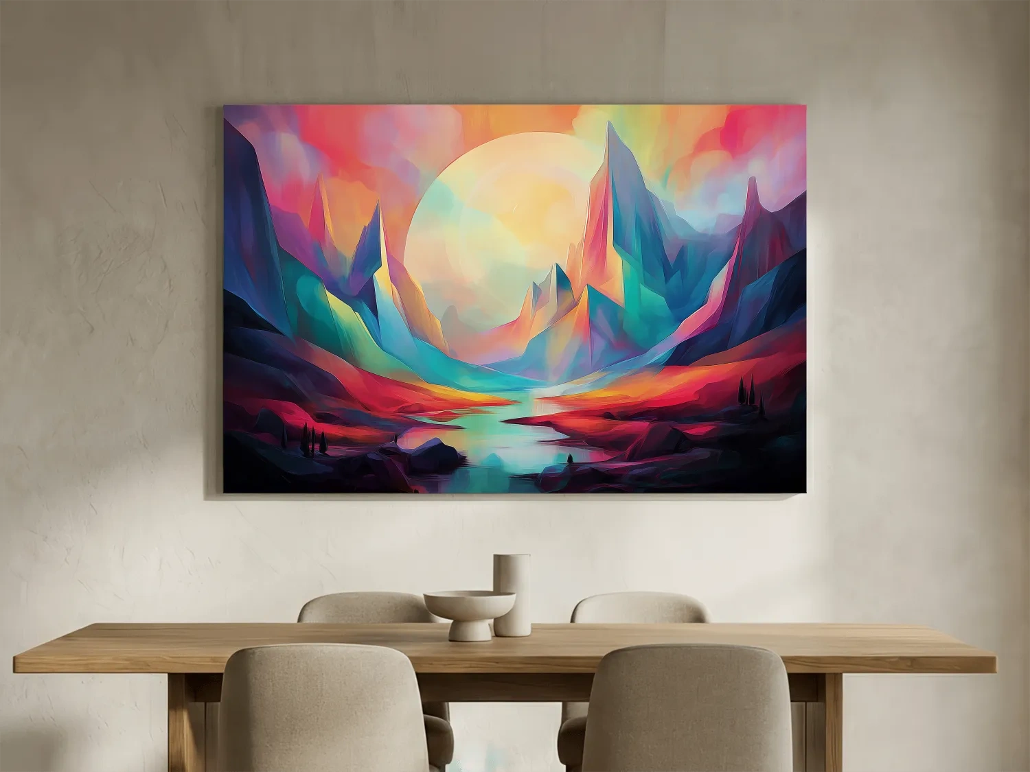 Vibrant Abstract Mountain Valley Sunset - Colorful Surreal Landscape Wall Art