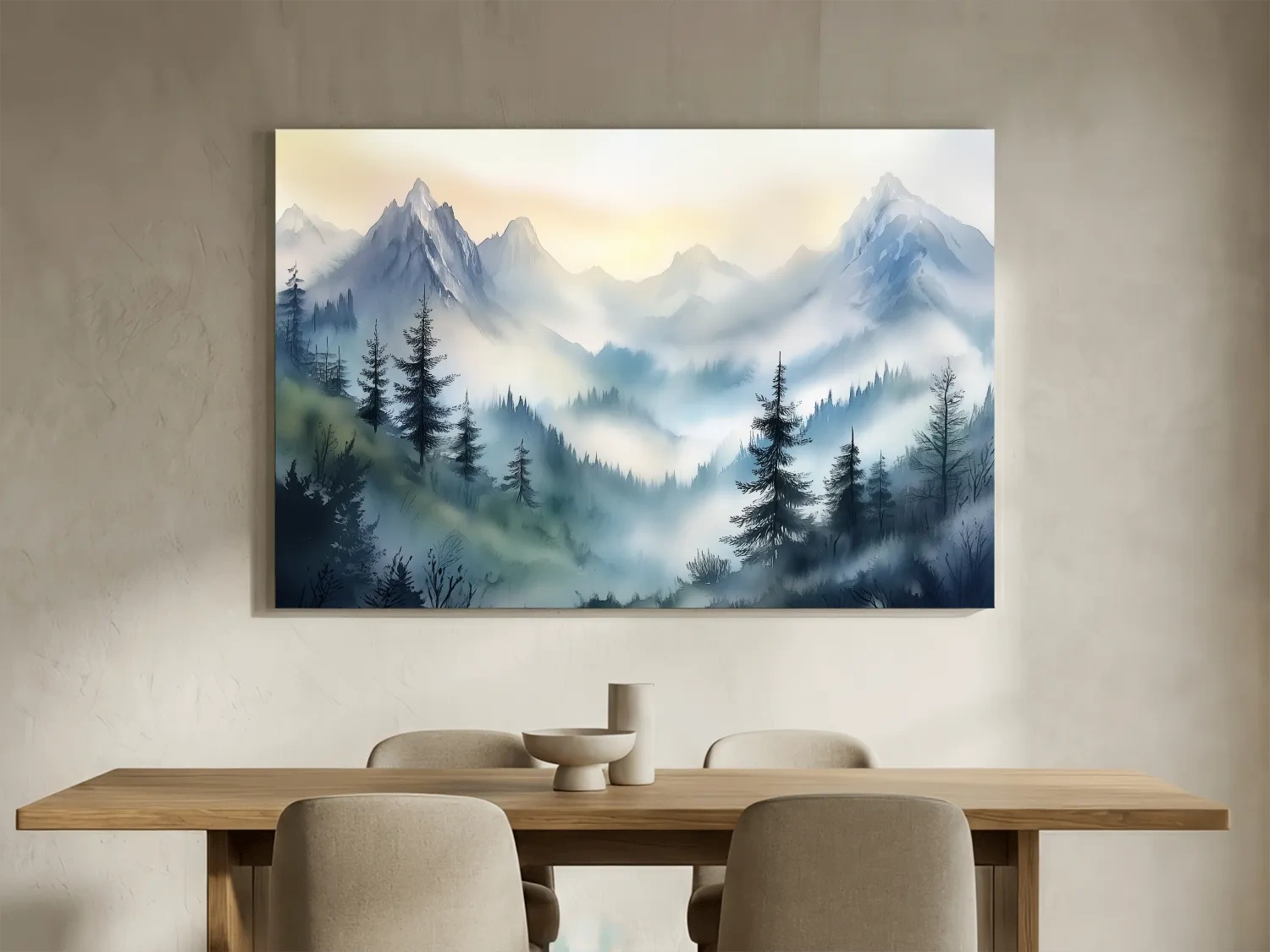 Chinese Ink Wash Watercolor Mountain Peaks - Foggy Alpine Wall Art