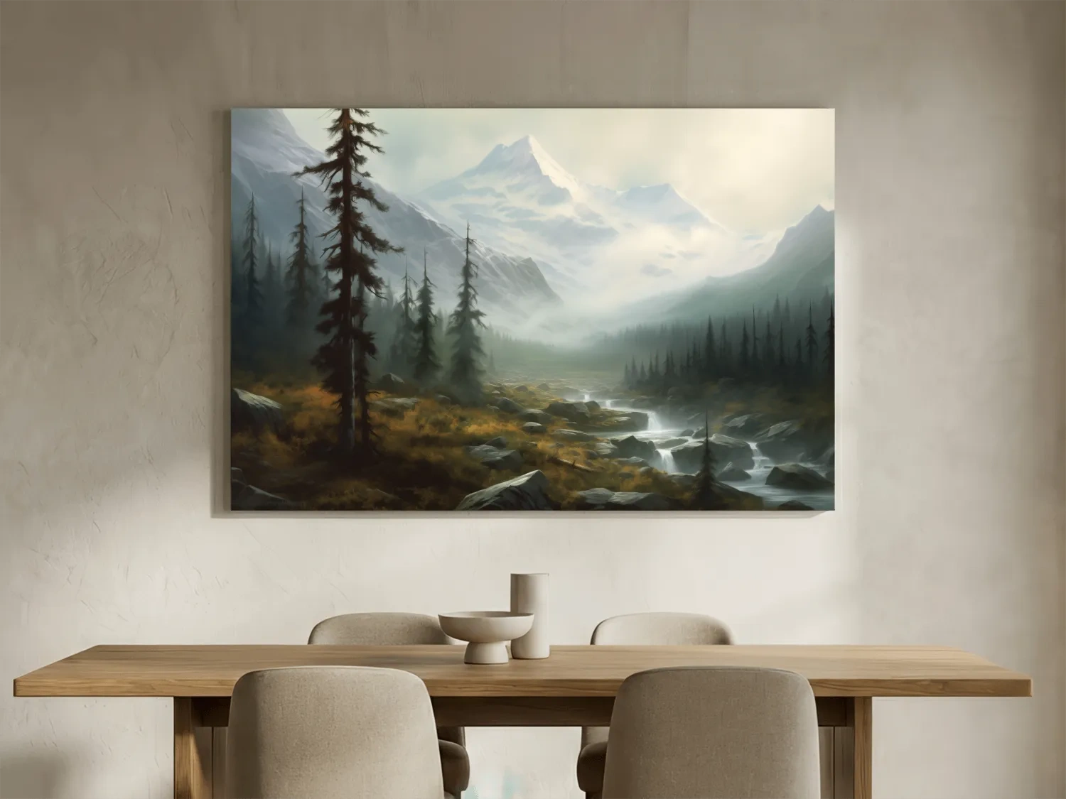 Misty Alpine Mountain Valley Painting - Foggy Evergreen Forest Wall Art