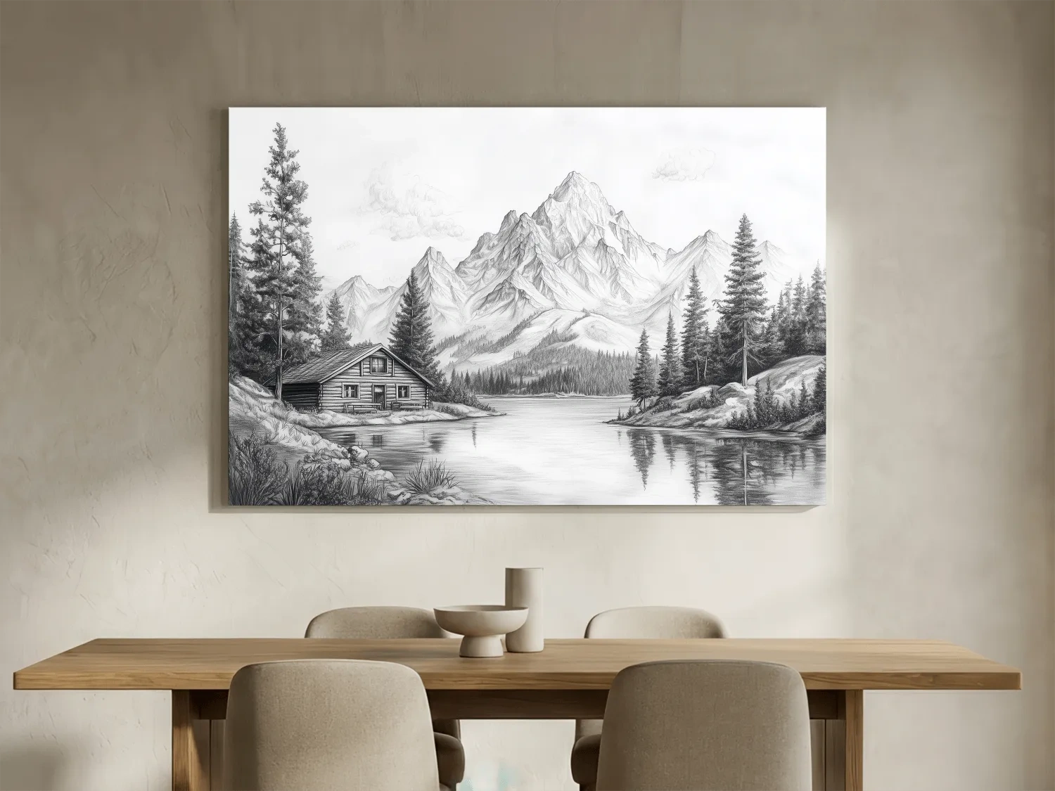 Vintage Pencil Sketch Alpine Lake Cabin - Black And White Mountain Landscape Wall Art