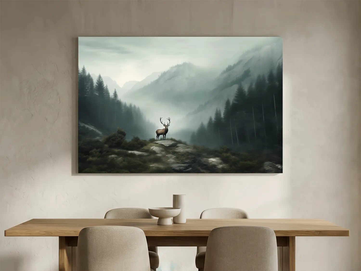 Moody Misty Mountain Deer Landscape - Atmospheric Forest Wildlife Wall Art