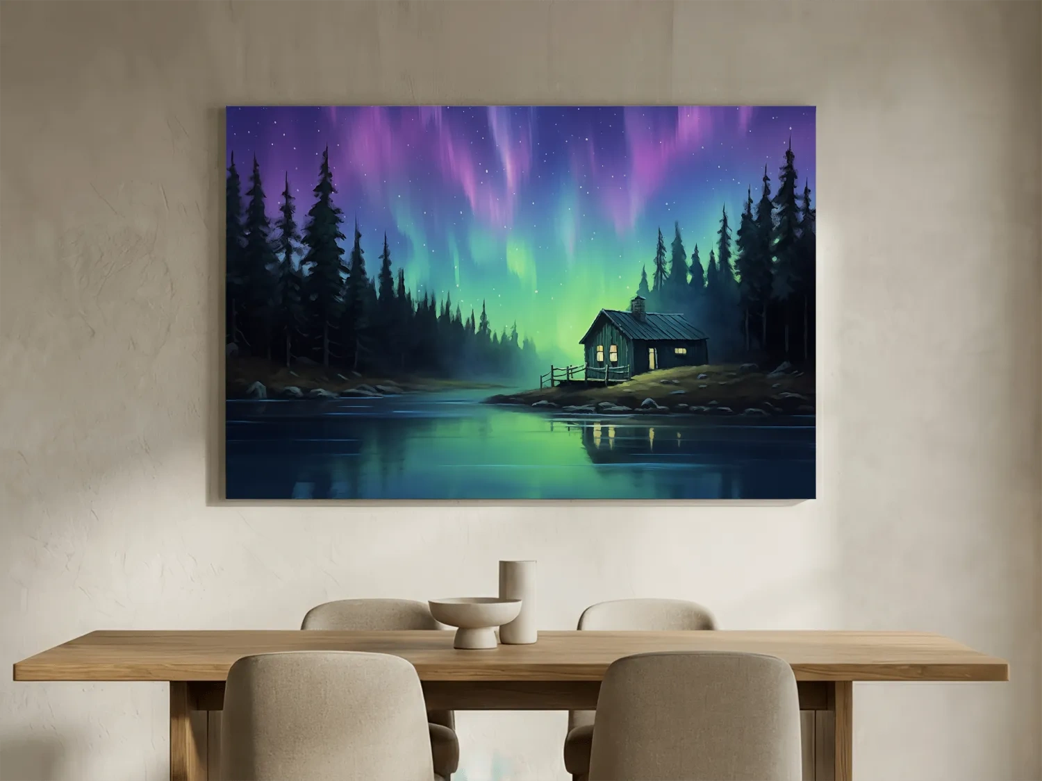 Northern Lights Over Lakeside Cabin Painting - Aurora Borealis Night Wall Art