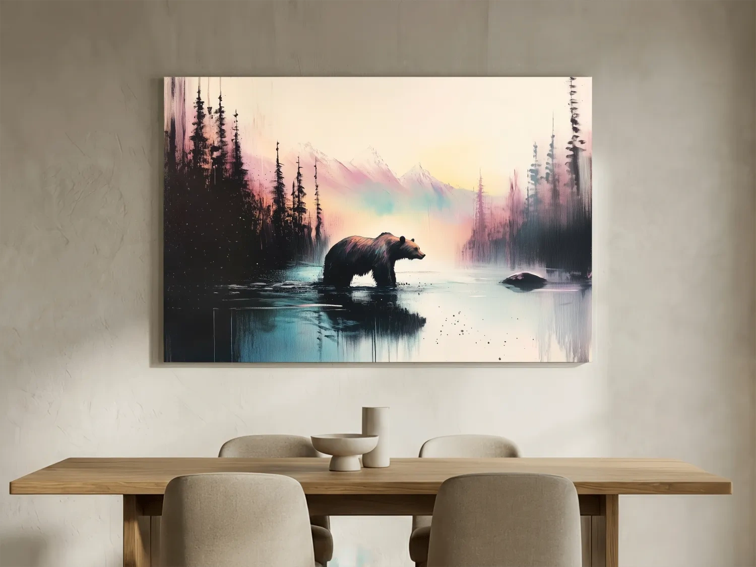 Moody Watercolor Grizzly Bear Lake Reflection - Misty Mountain Wilderness Wall Art