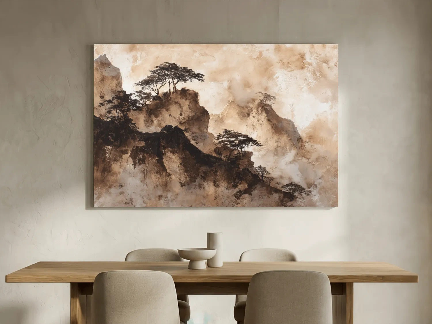 Sepia Japandi Mountain Ridge Painting - Atmospheric Ink Wash Art