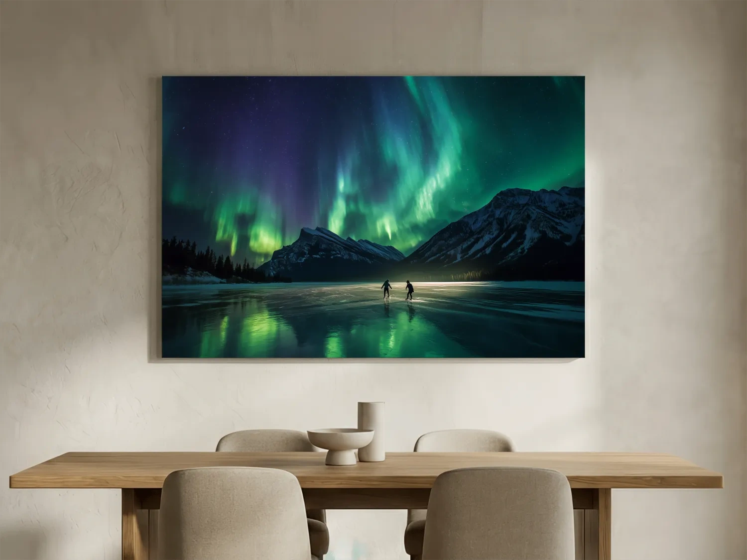 Ice Skaters Under Vibrant Northern Lights - Aurora Borealis Photographic Wall Art