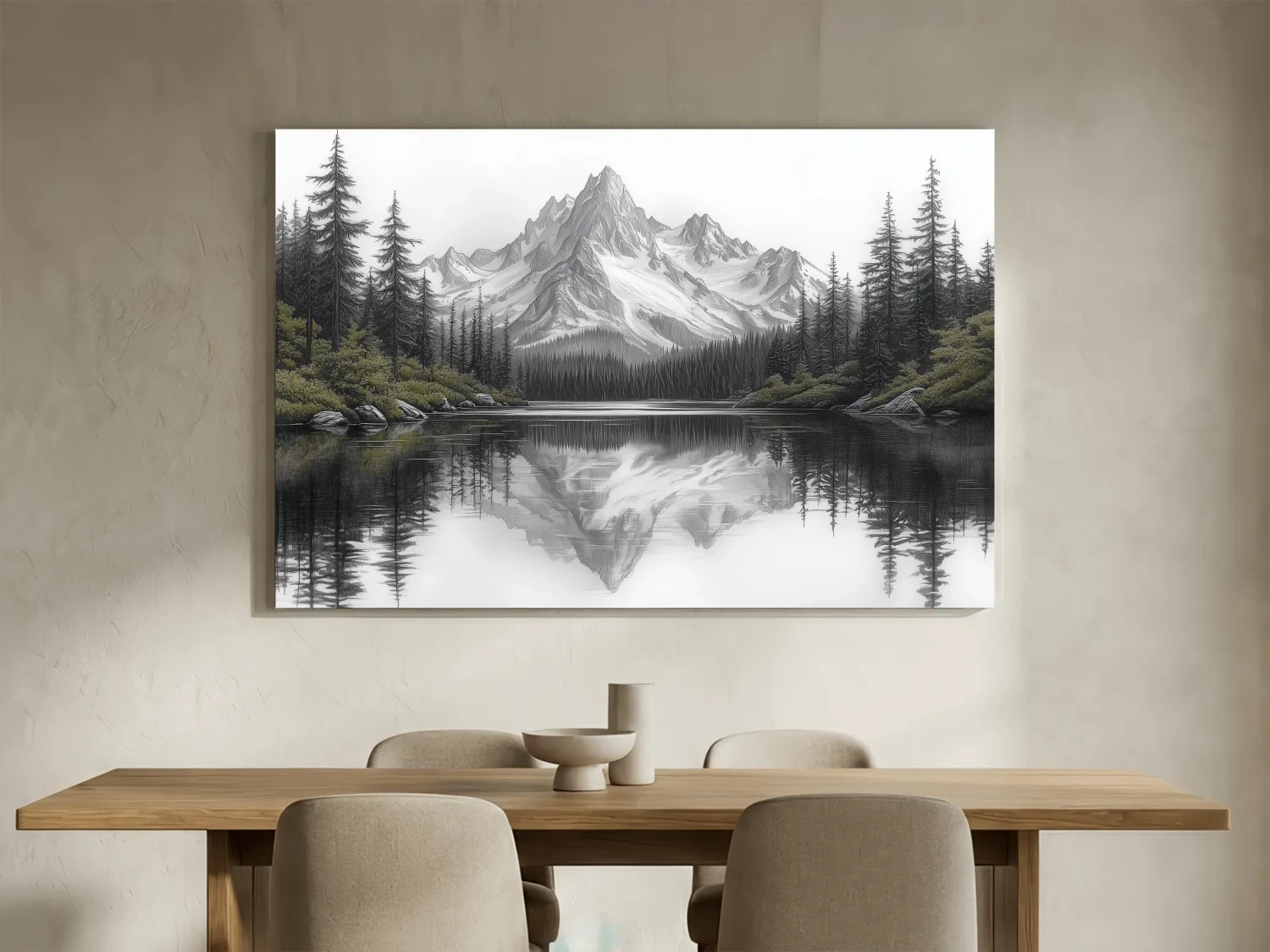 Monochrome Alpine Mountain Lake Reflection Sketch Artwork - Minimalist Forest Landscape Wall Art