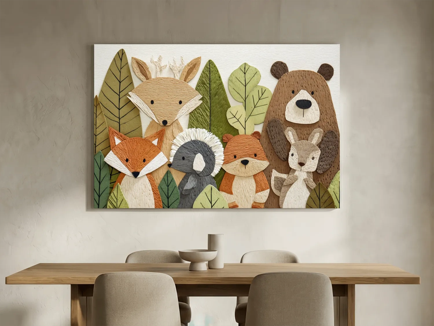 Woodland Animal Nursery Decor - Cute Forest Animals Embroidery Style Wall Art