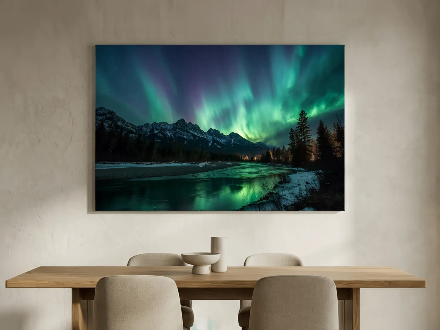 Vibrant Green Northern Lights Over Frozen Lake - Aurora Borealis Landscape Wall Art