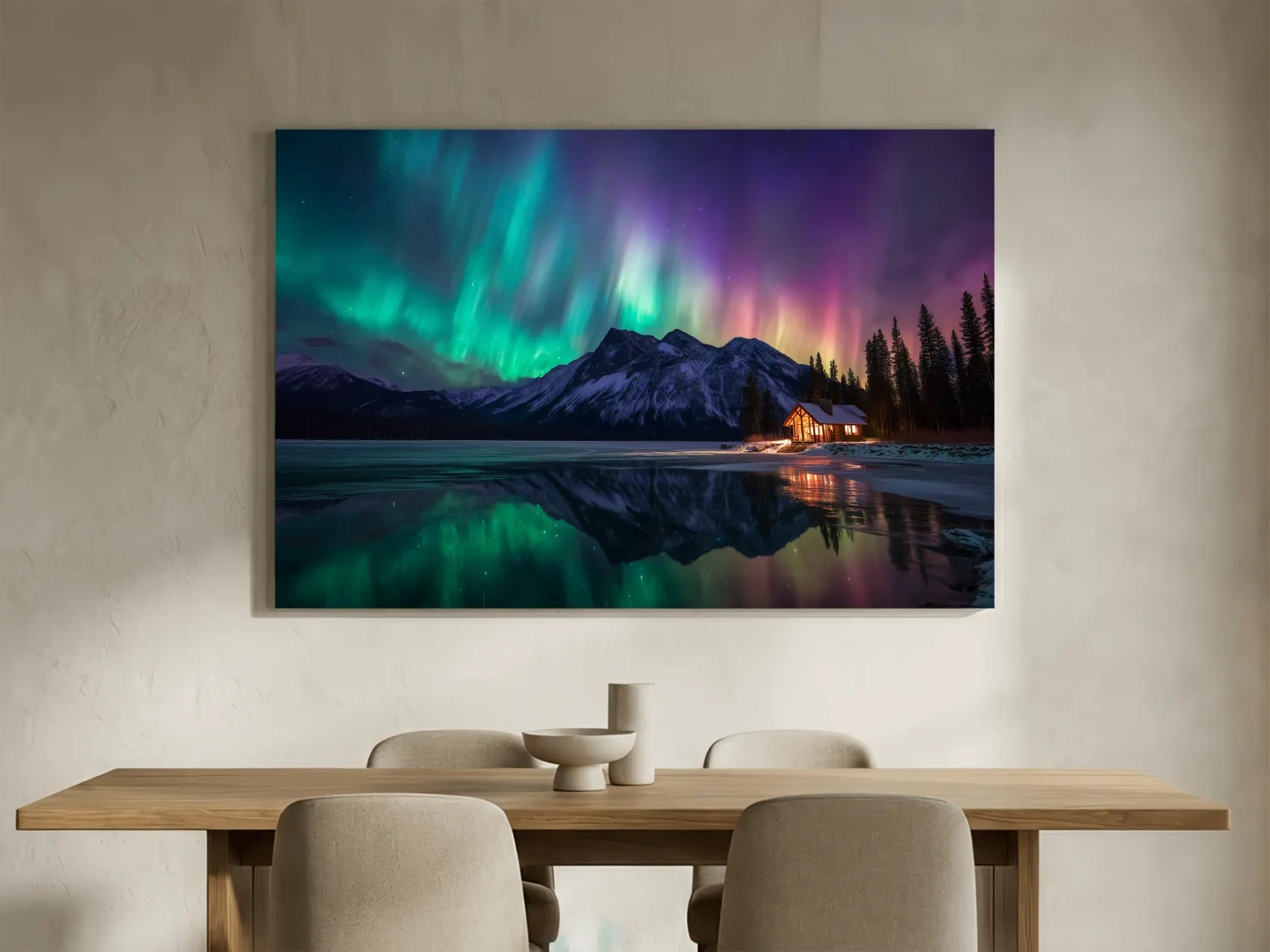Vibrant Northern Lights Over Mountain Lake Cabin - Aurora Borealis Landscape Wall Art