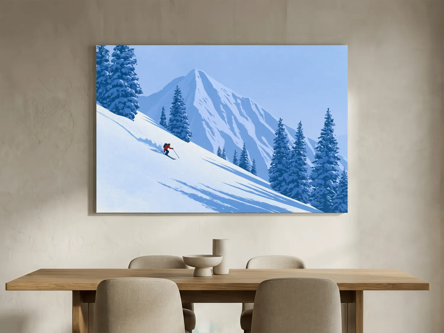 Minimalist Snowy Mountain Skier Landscape - Winter Alpine Illustration Wall Art