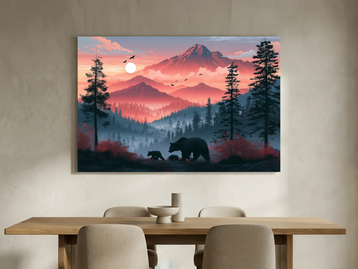 Sunset Mama Bear & Cubs Silhouette - Forest Wildlife Wall Art