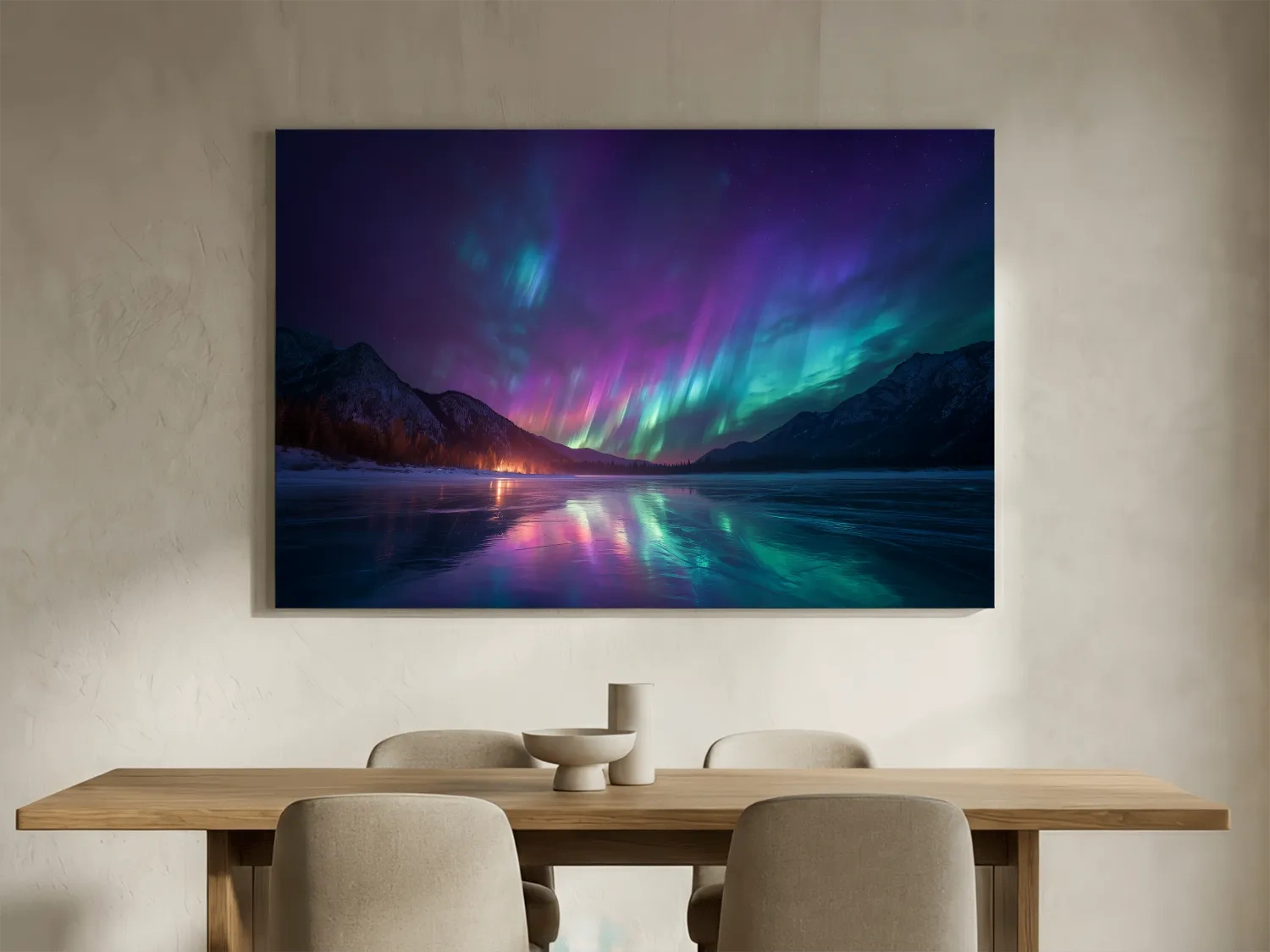 Vibrant Aurora Borealis Over Frozen Lake - Northern Lights Mountain Wall Art