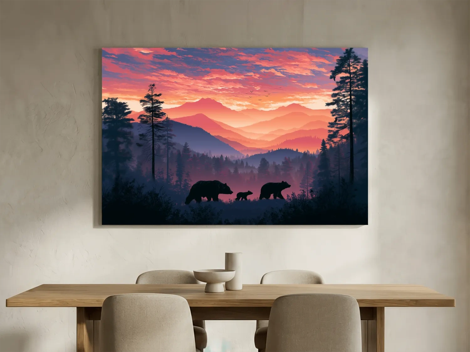 Moody Sunset Mountain Bear Family Silhouettes - Wildlife Wall Art