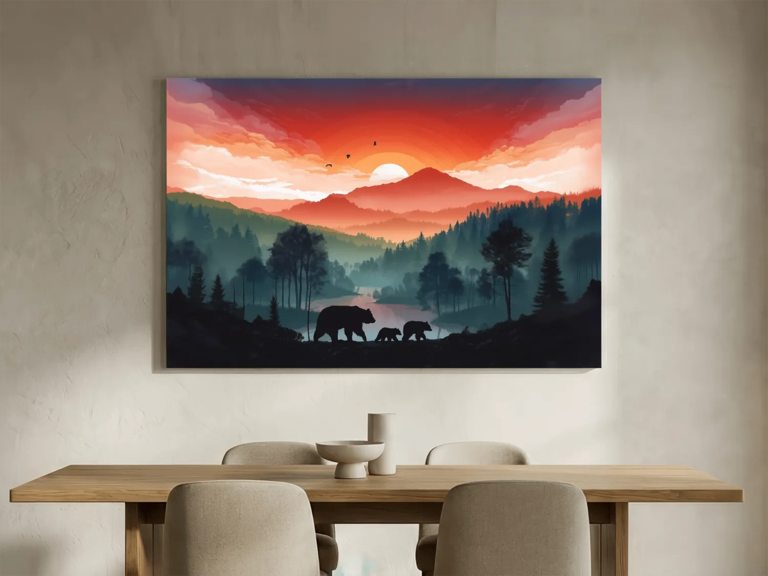 Sunset Bear Family Silhouette Landscape - Misty Mountain Forest Wall Art