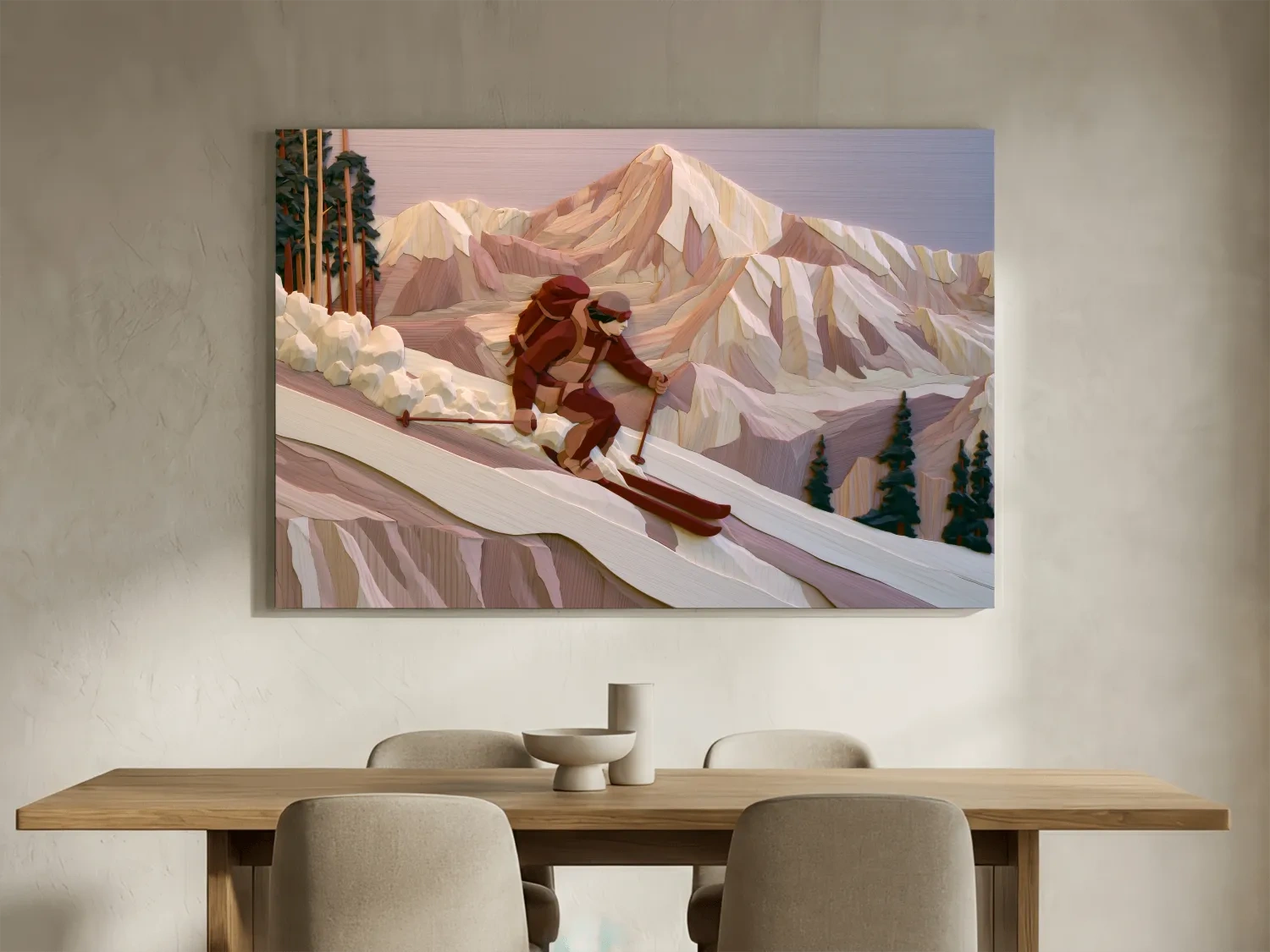 Geometric Backcountry Skier In Alpine Peaks - Winter Mountain Adventure Wall Art