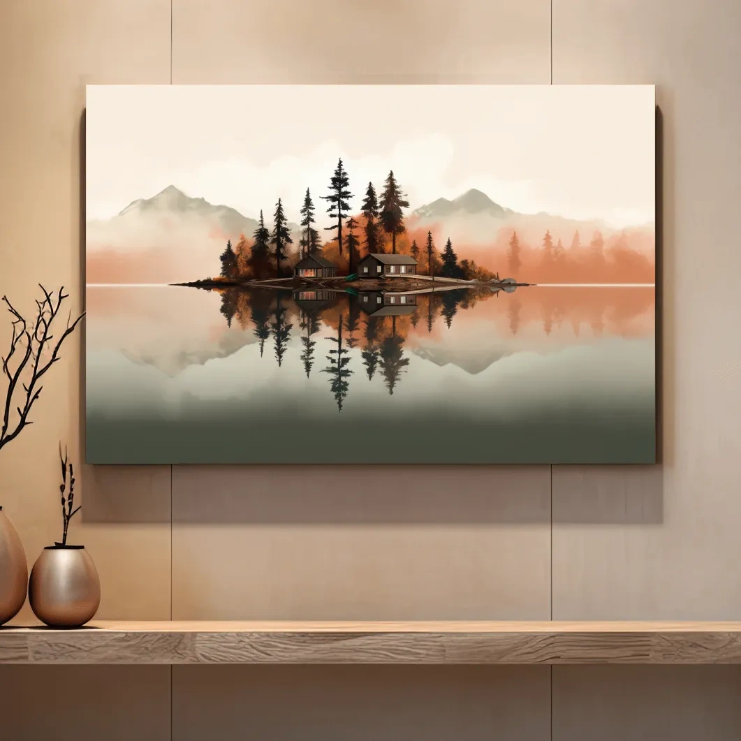 Minimalist art, lakeside cabin amongst the trees