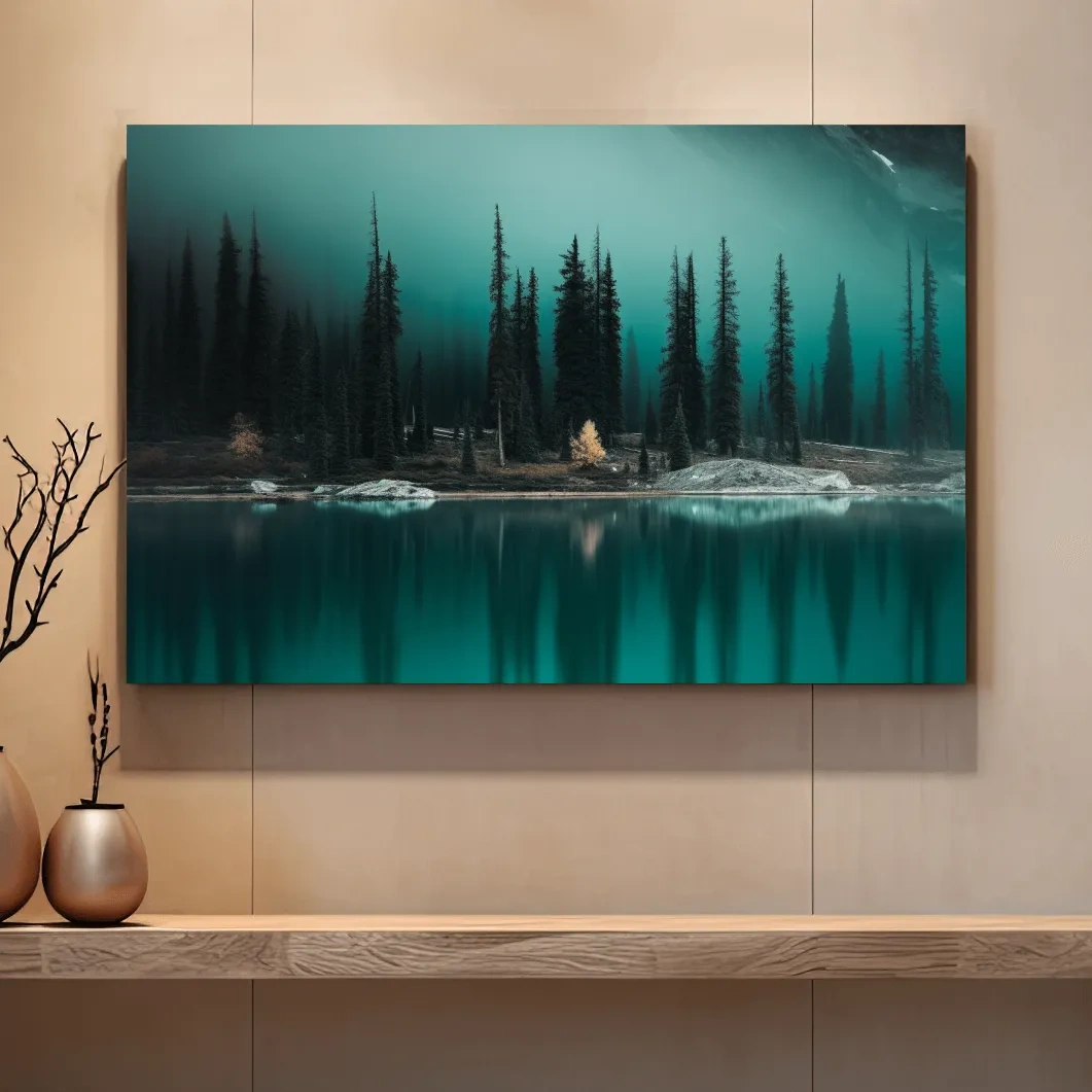 Trees on a turquoise alpine lake, mountain painting