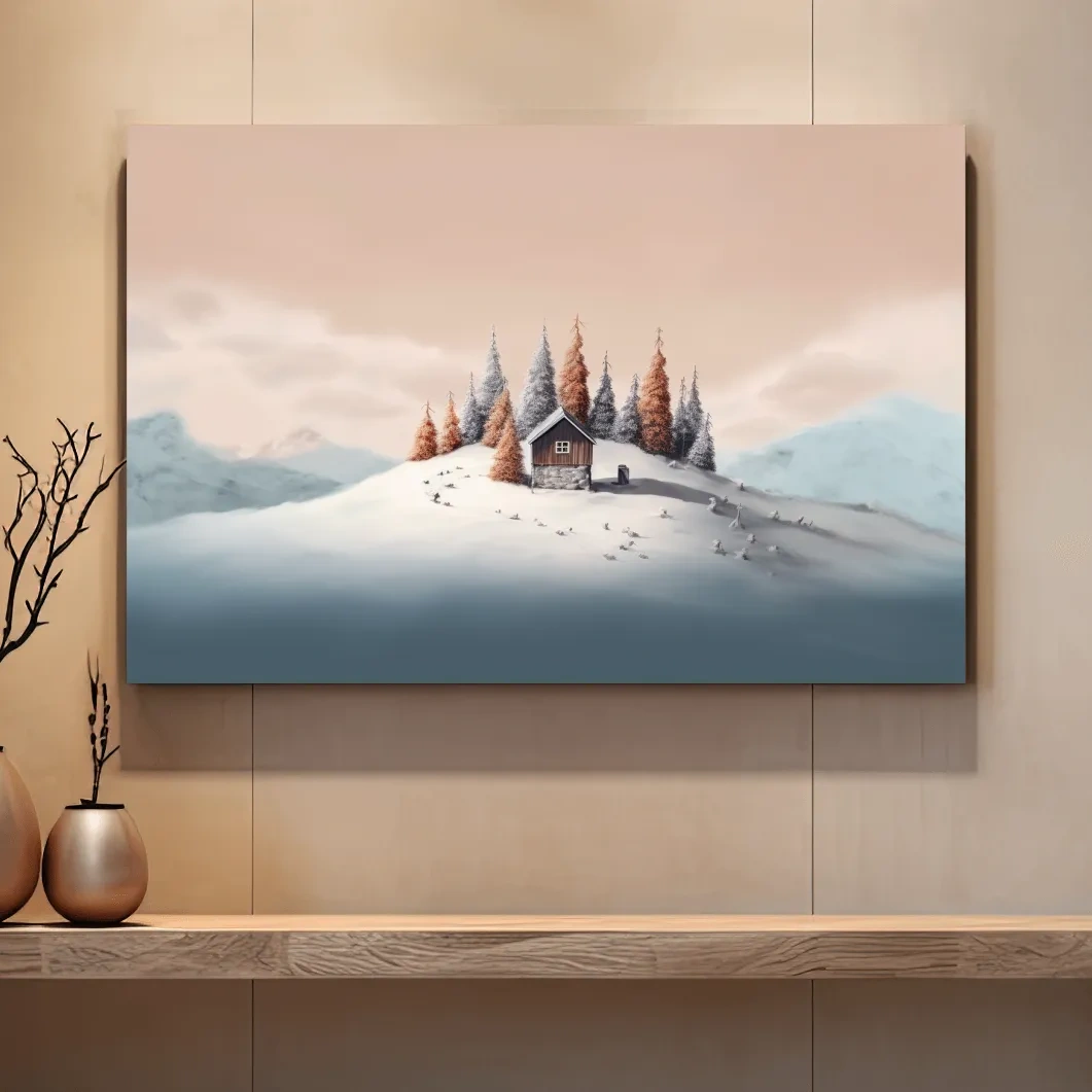 Minimal painting, cabin in the snow