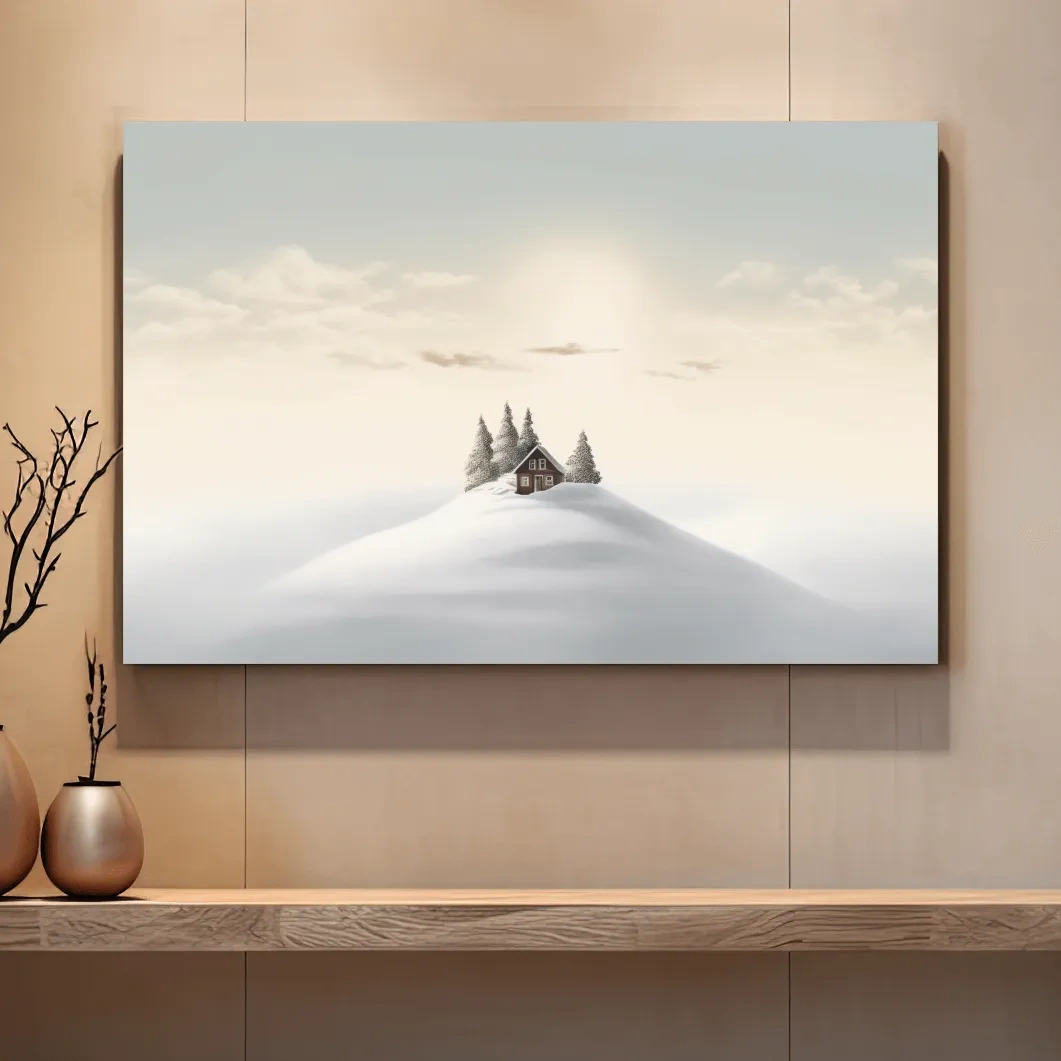 Minimal painting, cabin in the snow