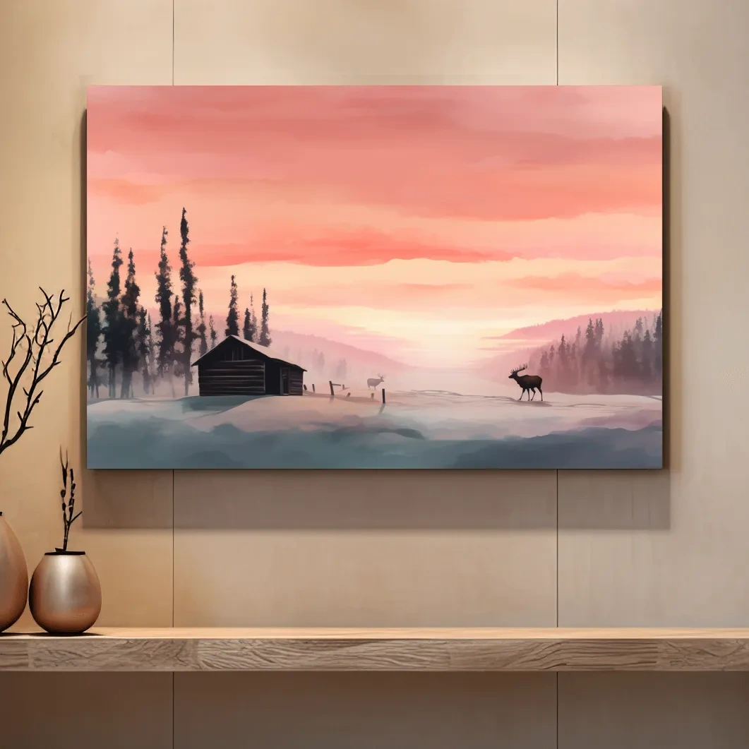 Sunset mountain scene, deer in the snow