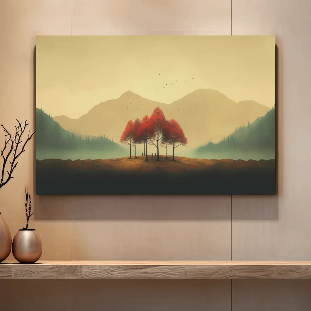 Landscape mountain artwork, minimal painting of autumn trees in the fog