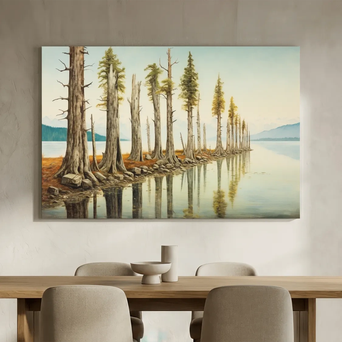 Serene Lakeside Pine Forest Reflections - Watercolor Landscape Wall Art