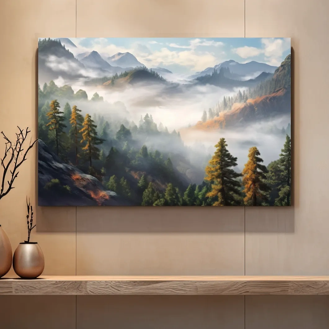 Painting of fog rolling through the trees and mountains