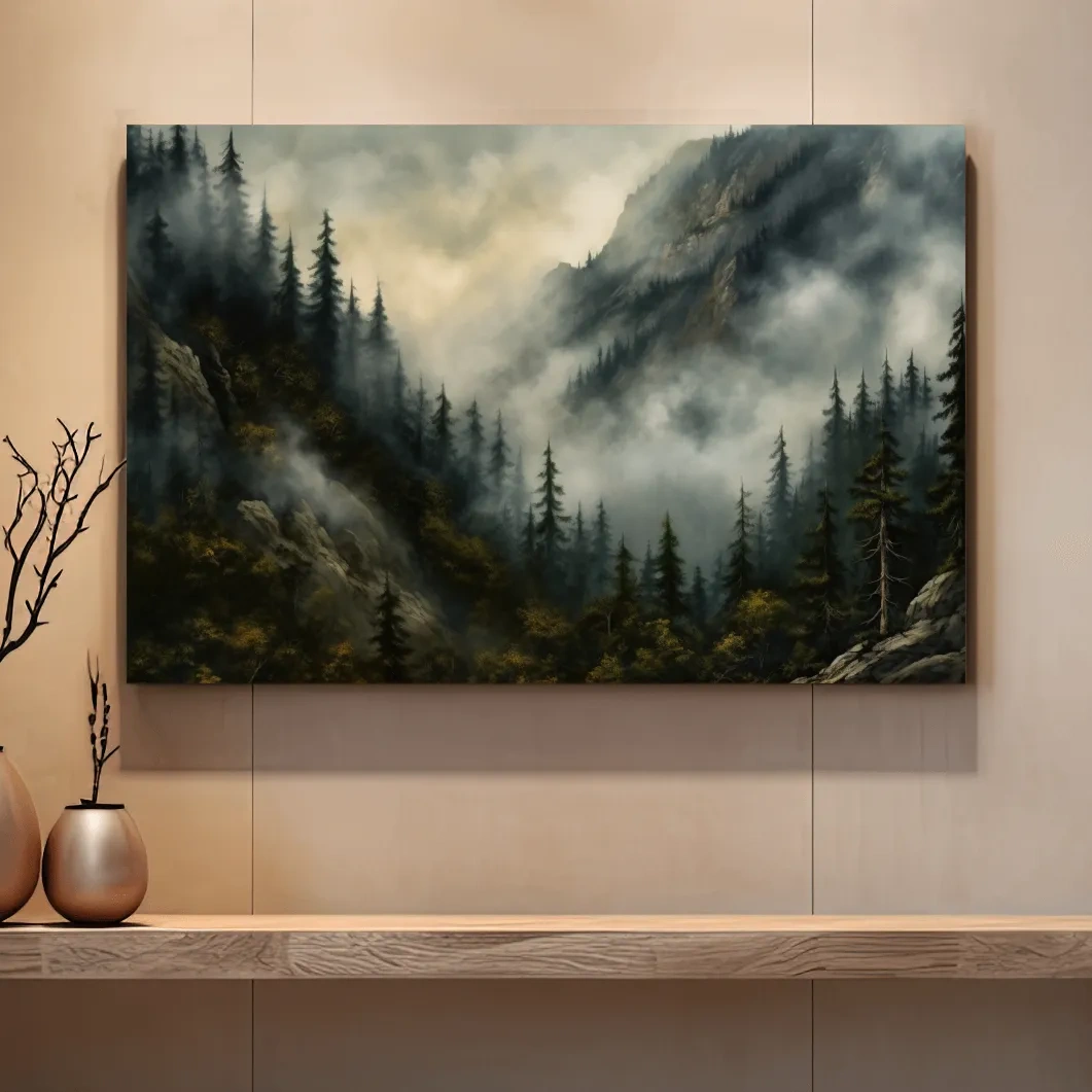 Painting of fog rolling through the trees and mountains, foggy forest artwork