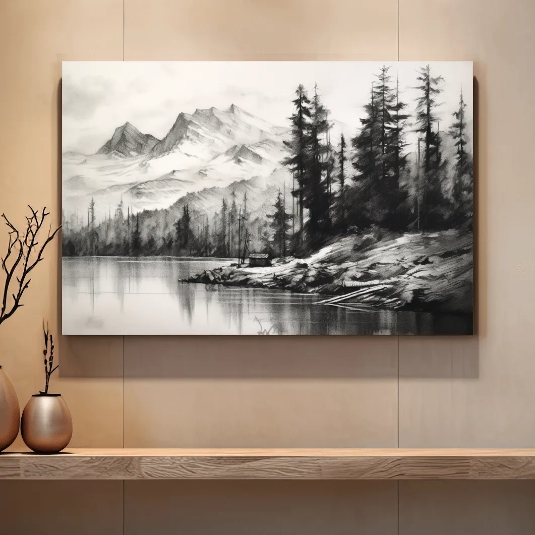Charcoal drawing of mountains and a lake