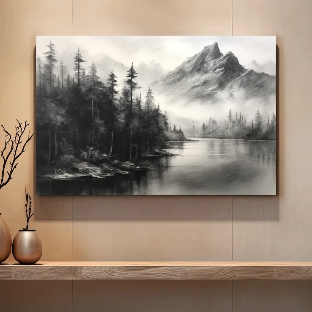 Charcoal drawing of mountains and a lake