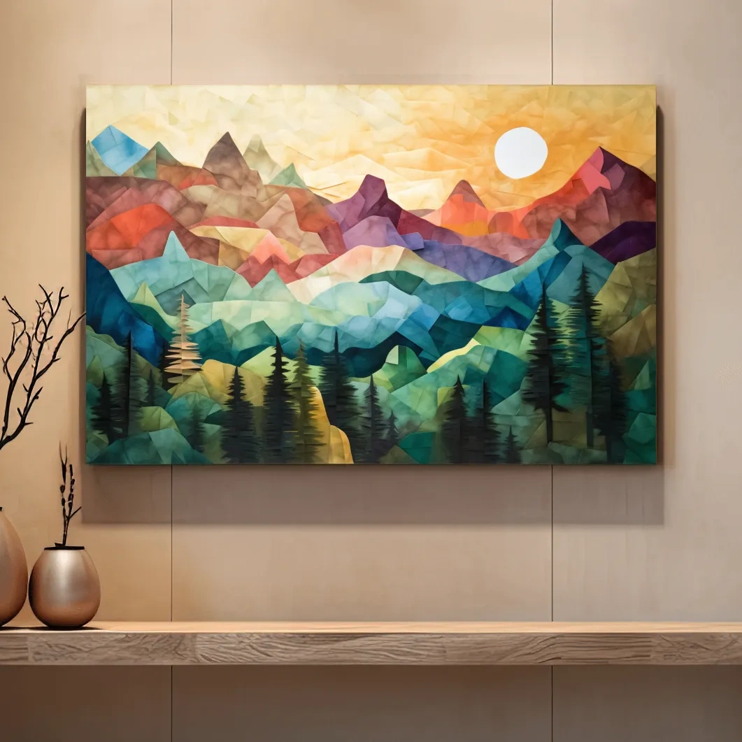 Abstract canvas print of mountains at sunset, patchwork effect