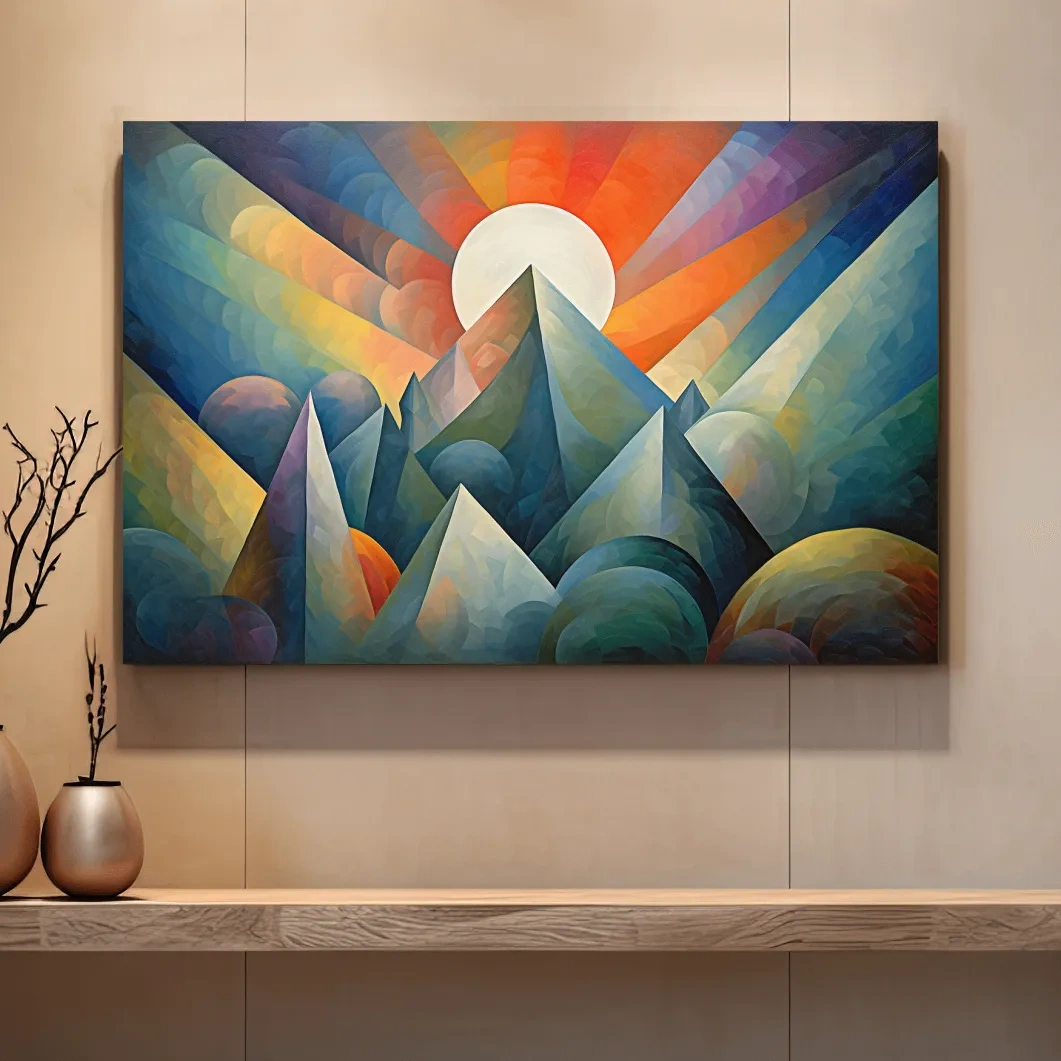 Vibrant Mountain Sunrise Painting - Abstract Alpine Landscape Wall Art