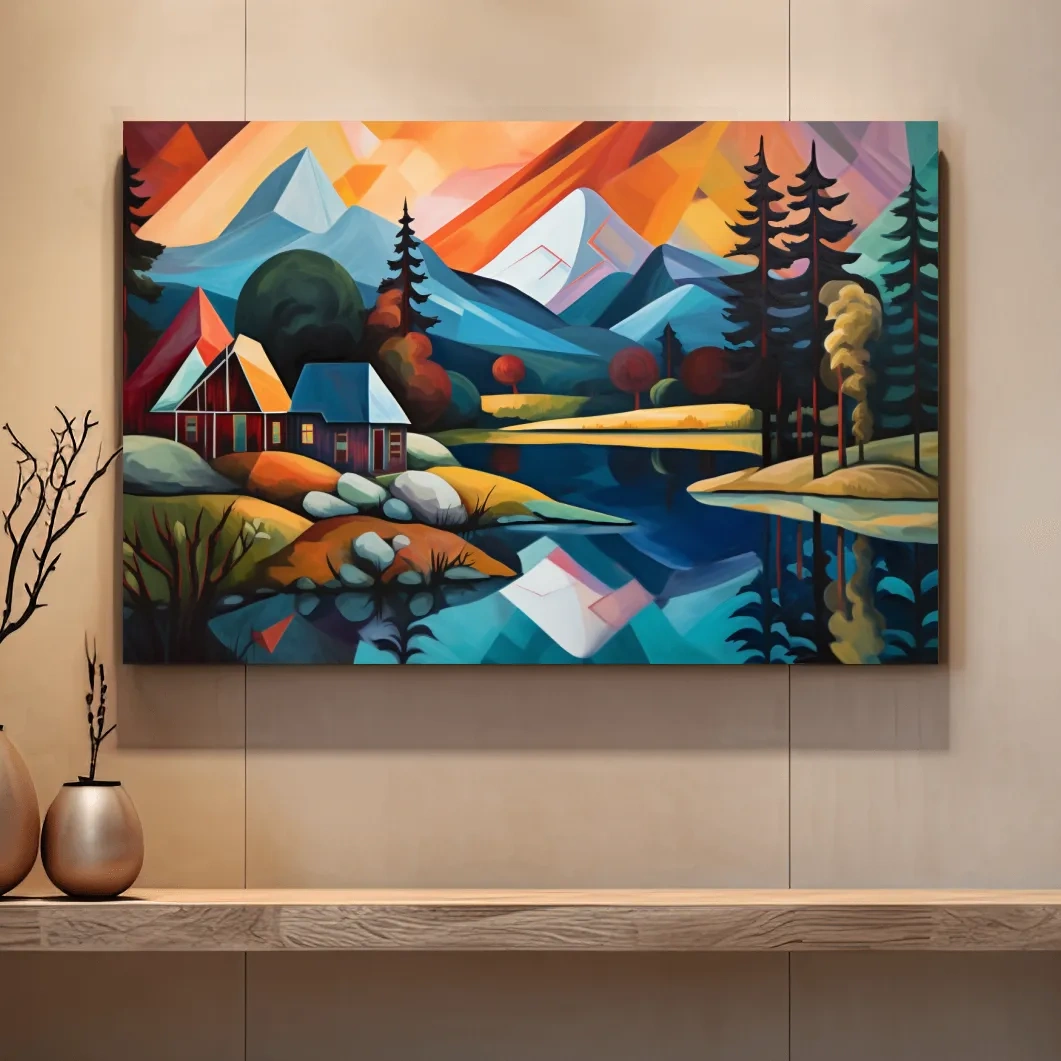 Abstract oil painting of a cabin by a lake, mountain scenery