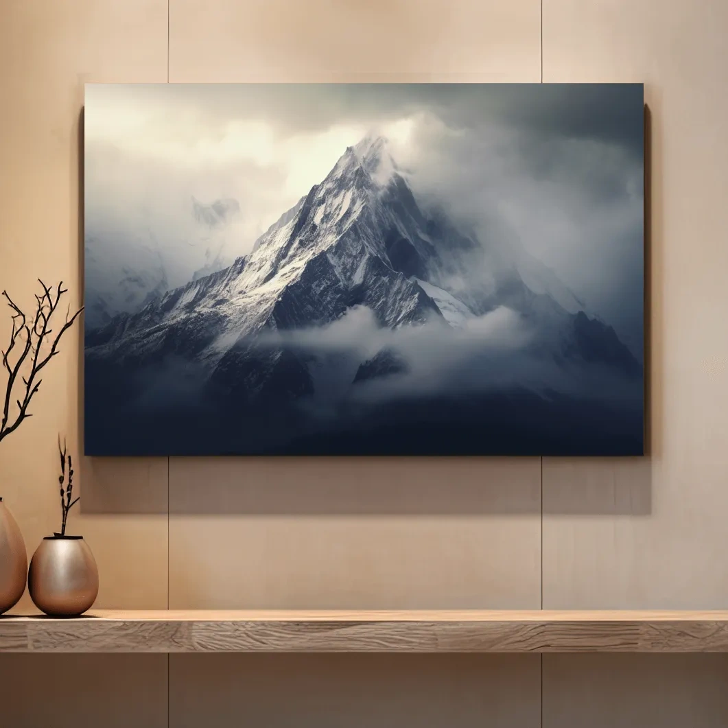 Cloudy Snowcapped Peak Landscape - Dramatic Mountain Photography Wall Art