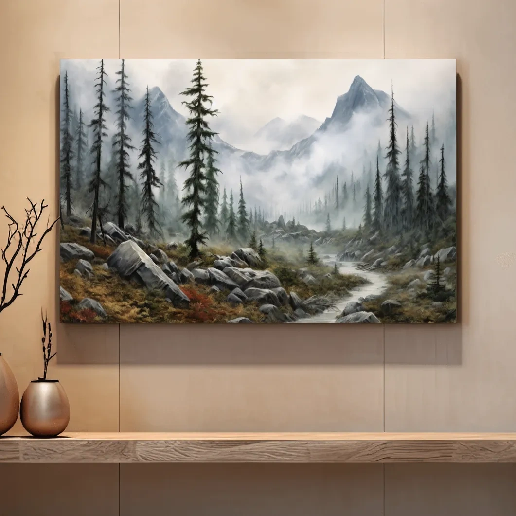 Foggy Alpine Mountain Forest Landscape - Moody Wall Art