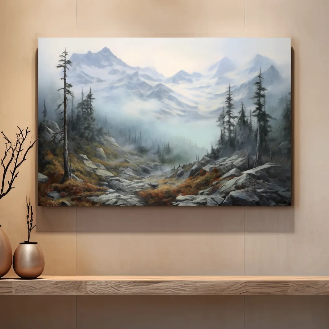 Misty Alpine Valley Painting - Moody Foggy Mountain Landscape Wall Art
