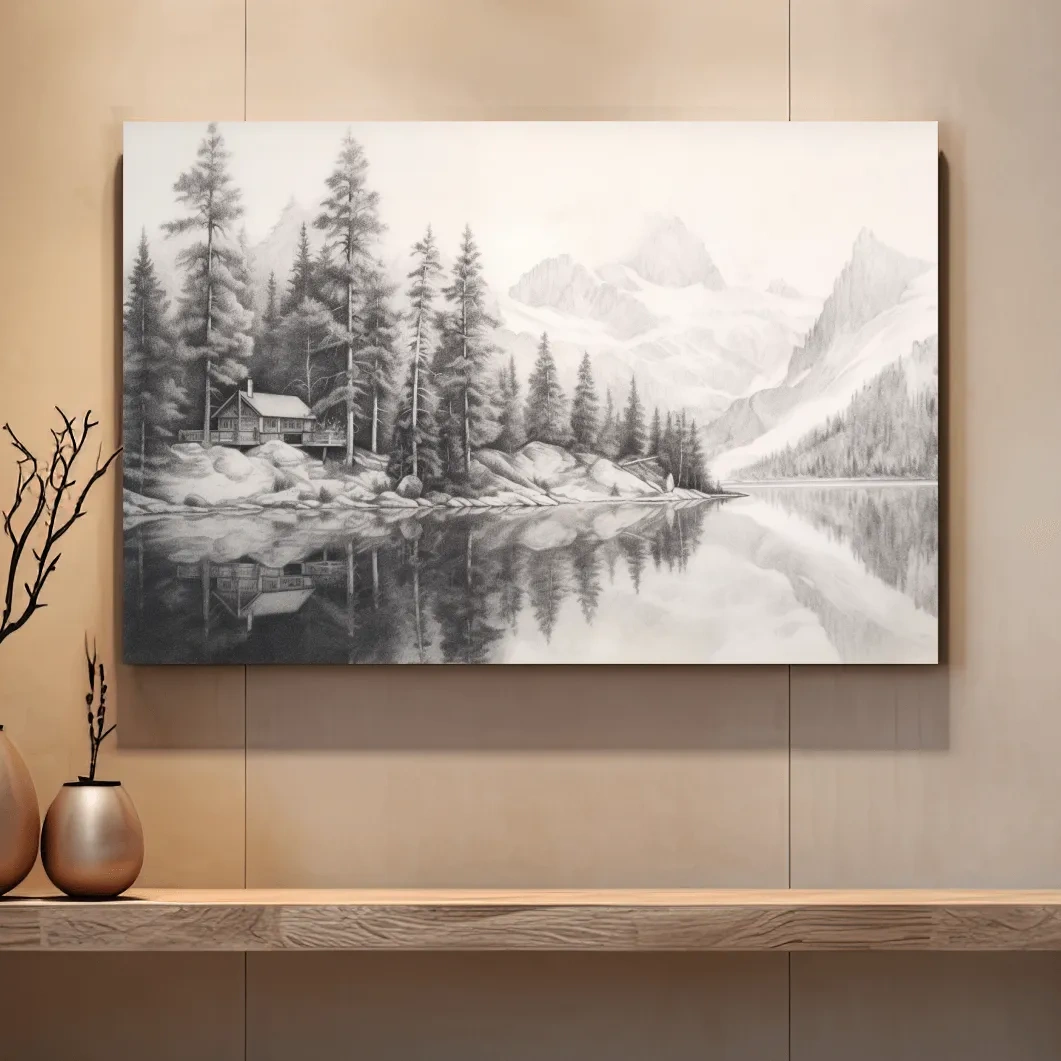 Lead pencil drawing of a cabin by a glacial lake