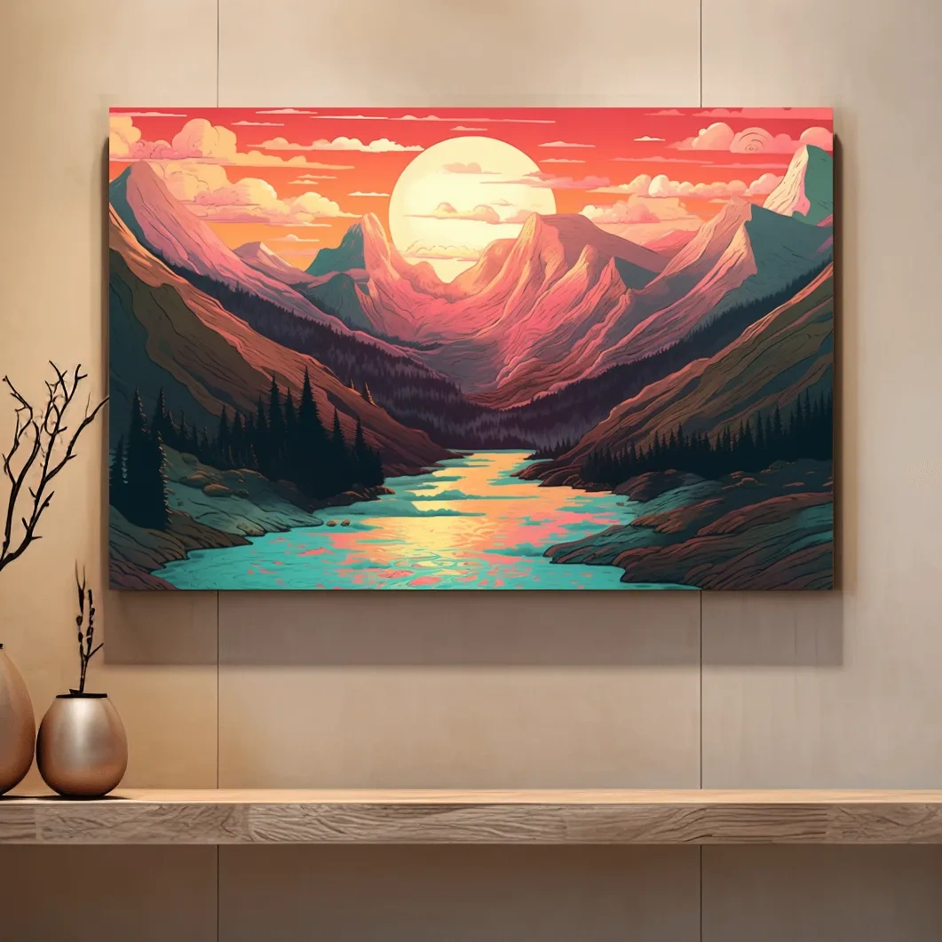 Illustration of a mountain landscape at sunset