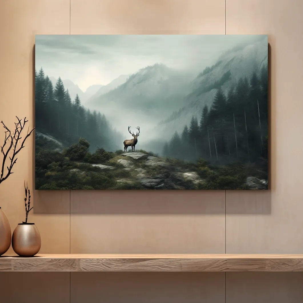 Painting style artwork of a majestic deer standing in the fog