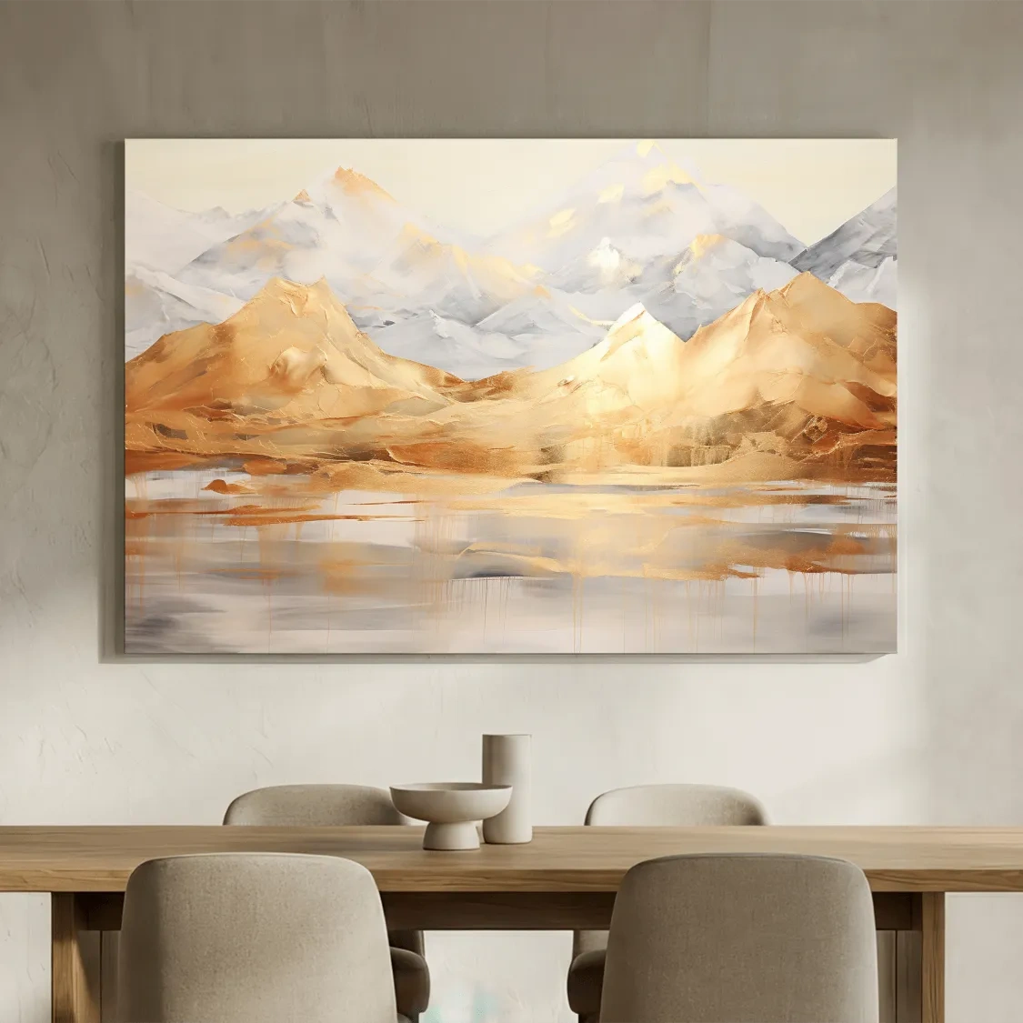 Luxe Golden Abstract Mountain Lake Painting - Elegant Landscape Wall Art